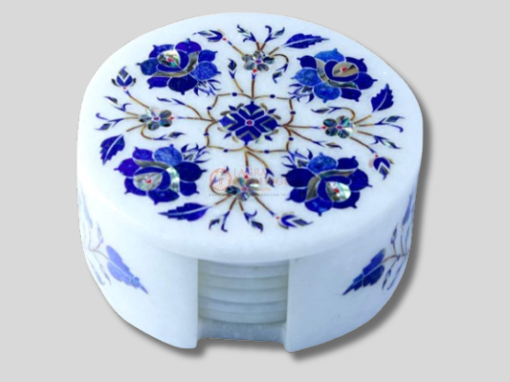 White Marble Coaster Set Lapis Lazuli Floral Inlay Art